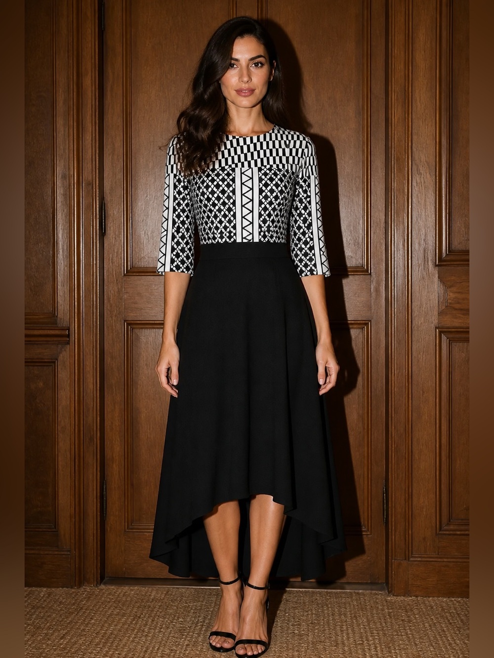 Ted Baker London Black White Geometric High-Low Fit and Flare Dress Size 2 US 6